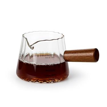 Imagem de Denovin Copos medidores, copo de café expresso de 118 ml com escala dupla, bico em forma de V, jarra de espuma de creme de leite com cabo de madeira (nervuras largas transparentes)
