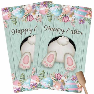 Imagem de LOVE HOME DAY Conjunto de 2 toalhas de cozinha, toalhas de mão de ovos de coelhinho da Páscoa de fazenda pano de prato de microfibra absorvente tábua de madeira azul-petróleo lavável barra de chá