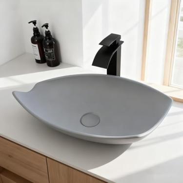 Imagem de GLOBAOSALU Pia de banheiro retangular irregular com dreno, pia de vaso de resina de pedra cinza 55 x 35 cm acima do balcão para banheiros modernos (sem torneira)