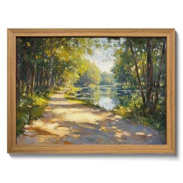 Imagem de Arte de parede de paisagem texturizada 3D emoldurada, paisagem de rio verde vintage, paisagem de rio, pintura de arenito impressionista de natureza rústica para sala de estar, quarto, escritório, 40 x