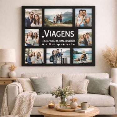 Imagem de Mural de Fotos em MDF para 8 Fotos 10x15cm, Preto, com Fita Dupla Face, Painel Decorativo para Parede, 65x50cm (Preto)