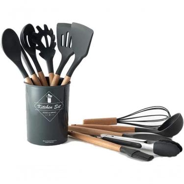 Imagem de Kit C-12 Utensílios De Cozinha Silicone Cabo Madeira Suporte - Preto