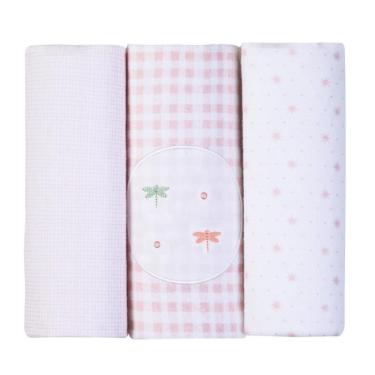 Imagem de Kit Cueiro Bebê Manta Bordados Libélula Rosa Papi 80 x 80Cm