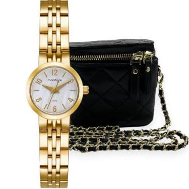 Imagem de Relógio Dourado Mini Feminino com Kit com Brinde Bolsa de Couro Mondai