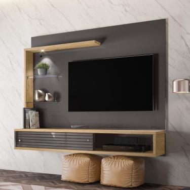 Imagem de Painel Home Suspenso Select Para TV Até 50" 2 Portas Espelho Luz LED Sala de Estar Preto e Carvalho