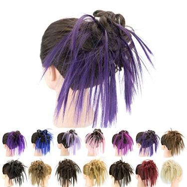 Imagem de IMISSU 2PCS Pedaço de cabelo bagunçado coque updo scrunchies falsos extensões de cabelo ondulado encaracolado faixa de cabeça rabo de cavalo chignon (2PCS Marrom Roxo)