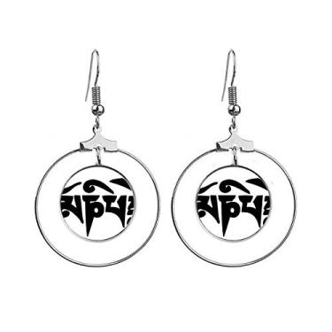 Imagem de Brincos de argola com padrão de personagem sânscrito preto budismo joia círculo gota