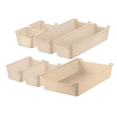 Imagem de Kit Caixa Organizadora Bandeja Multiuso Modular para Gavetas, Maquiagem, Bancadas, Armários, Cozinha, Geladeira e Banheiro (Capuccino, Kit com 7)