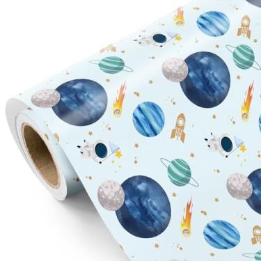 Imagem de WRAPAHOLIC Rolo de papel de embrulho Out Space – Mini rolo – 43 cm x 40 cm – Design de aventura espacial de planetas e astronautas, perfeito para meninos e crianças, chá de bebê