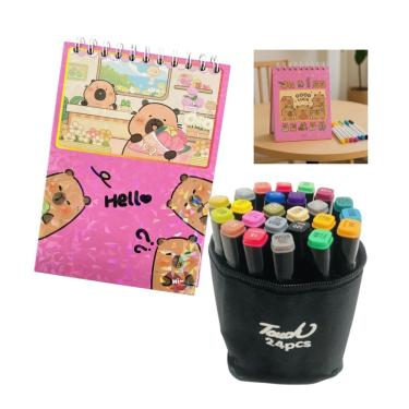 Imagem de Canetinhas 24 Cores Livro Colorir Desenho Capivara Fofa 100 Paginas Divertida Hobbie Pi...