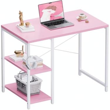Imagem de Pamray Mesa de computador pequena de 81 cm com prateleiras, mesa de escritório em casa com gancho de fone de ouvido para quarto, mesa de computador de escrita de estudo para espaços pequenos, rosa