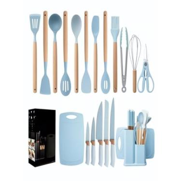 Imagem de Kit Completo De Utensílios De Cozinha Luxo – 19 Peças, Incluindo Pequena Tábua De Silicone(Azul bebê)