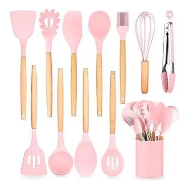 Imagem de Kit 12 Utensílios de Cozinha em Silicone com Cabo de Madeira, Conjunto Completo Antiaderente para Cozinha, Resistente ao Calor, Espátulas e Acessórios (Rosa)
