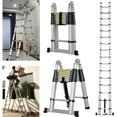 Imagem de Escada de extensão dobrável 4,9 m/2,4 m + 2,4 m, escada telescópica de alumínio com estabilizador, certificação EN131, escada leve antiderrapante fácil de transportar ou armazenar, carga máxima 150 kg