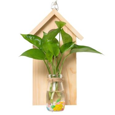 Imagem de Runziti Vaso de madeira montado na parede com garrafa de vidro – Suporte de plantas suspensas para uso interno para plantas aéreas e plantas cultivadas em água