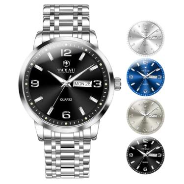 Imagem de Taxau Relógio masculino prata grande à prova d'água relógio analógico quartzo masculino relógios de pulso masculinos de aço inoxidável de luxo fácil de ler com data do dia Reloj para Hombre