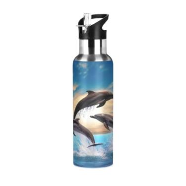 Imagem de Burbuja Garrafa de água de aço inoxidável Dolphin in The Ocean, garrafas de água isoladas a vácuo com tampa de canudo para esportes, academia, escola - à prova de vazamento e suor, sem BPA, 590 ml