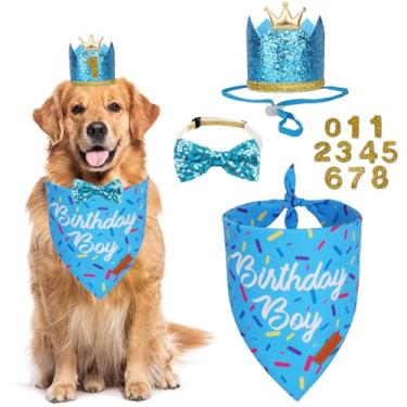 Imagem de PTDECOR Artigos de festa de aniversário para cães, bandana de aniversário de vários tamanhos, conjunto de chapéu de cachorro coroas azuis para animais de estimação grandes GG (GG)