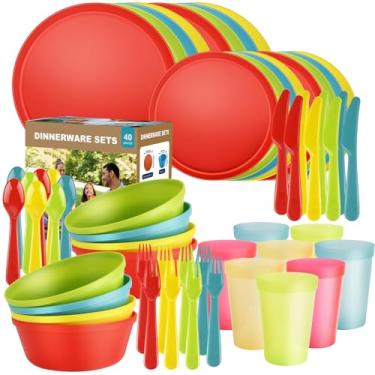 Imagem de Conjunto de louça de plástico de cozinha de 40 peças, serviço para 8 pessoas, inclui pratos, copos, tigelas, garfos, facas e colheres, durável e reutilizável, seguro para micro-ondas, ideal para uso