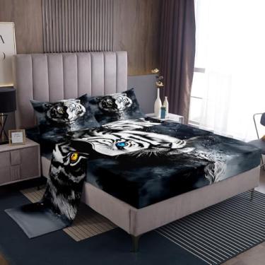 Imagem de Erosebridal Jogo de lençol solteiro com estampa de tigre africano, animais de safári africano, vida selvagem exótica, preto e branco, lençol com elástico para decoração de quarto de adultos