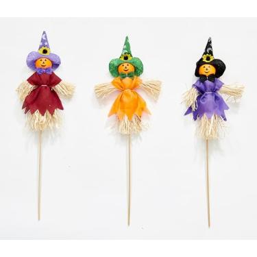 Imagem de Worth Imports Abóbora de Halloween pequena de 20 cm com chapéu de bruxa palheta em bastão de madeira de 25,4 cm, 3 sortidos, conjunto de 12