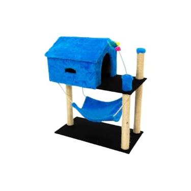 Imagem de Arranhador para Gatos com Casinha e Rede, 84 cm Altura x 61 cm Comprimento, Base Dupla, 4 Postes com Sisal (Azul)