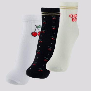 Imagem de Kit Meia Selene 3 Pares Soquete Feminina Marfim Preta e Branca, 34-39