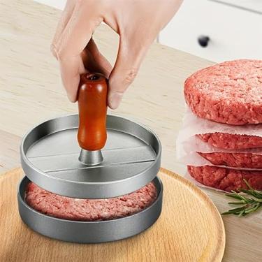 Imagem de Prensa de hambúrguer antiaderente premium, liga de aço durável com cabo de madeira, perfeita para hambúrgueres uniformes de carne, queijo e vegetais – ideal para grelhar, churrasco, cozinhar na