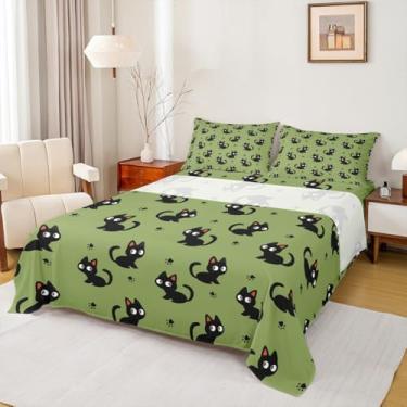 Imagem de Manfei Jogo de cama casal de gato preto, pata de gato, animal de estimação, desenho kawaii, moderno, decoração de quarto infantil, lençol preto e verde (com elástico + plano + 2 fronhas)