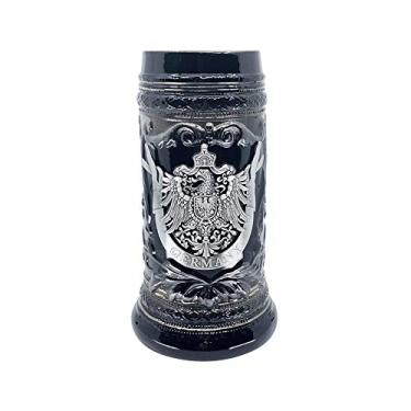 Imagem de Caneca de cerveja de cerâmica preta carvão de 1 litro com brasão de águia medieval da Alemanha em medalhão de metal gravado