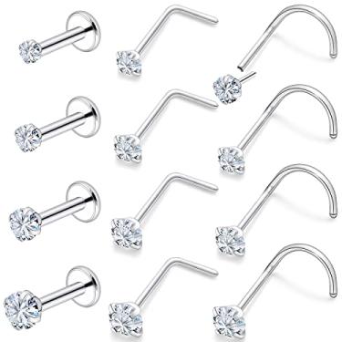 Imagem de Vsnnsns Anéis de nariz de pressão sem fio 18G 20G para mulheres aço inoxidável cirúrgico 316L Pinos de nariz em forma de L Anéis de nariz de ossos de parafuso Piercing de narina CZ 1,5 mm 2 mm 2,5 mm 3 mm prata 8-12 peças, Metal Cristal Strass, Cristal