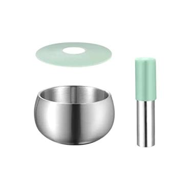 Imagem de Tigela Moedora Conjunto pequeno de almofariz e pilão Alça de silicone e tampa de aço inoxidável escovado Moedor de especiarias e ervas Triturador para guacamole, especiarias, alho, utensílios de cozin