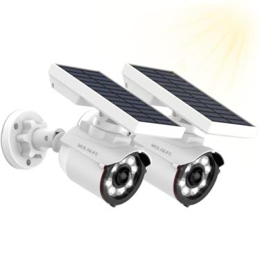 Imagem de WEILAILIFE Luz solar externa com sensor de movimento sem fio com holofotes LED, câmera de segurança falsa à prova d'água 800 lúmens, luz brilhante (2 pacotes)