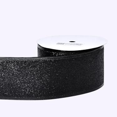 Imagem de YAMA Fita preta com glitter para árvore de Natal 6,3 cm x 10 metros, fita metálica brilhante de Natal com fio para embrulho de presente, festa de casamento, laços de artesanato DIY e buquê de flores