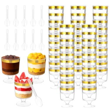 Imagem de AojSup 100 conjuntos de mini copos de sobremesa de 142 g com colheres, copos de plástico transparente para parfait com borda dourada, copos pequenos para atirar bolos para festas, casamentos, eventos