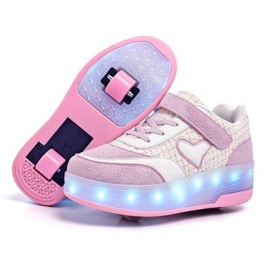 Imagem de Wooowyet Tênis de patins LED para crianças, meninos, meninas, leve, moderno, com rodas, recarregável, gancho e laço, Coração rosa branco, 18