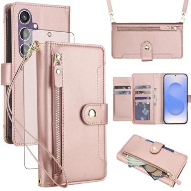 Imagem de Asuwish Capa de celular para Samsung Galaxy S25 FE 5G carteira com zíper, protetor de tela de vidro temperado e alça de pulso transversal, porta-cartão de crédito S 25 EF S25FE 25S mulheres meninas