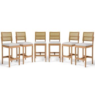 Imagem de Kit Com 6 Banqueta Milena Madeira Maciça Assento Estofado Encosto De Tela Palha Sextavada