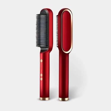 Imagem de Escova Alisadora Profissional 5 em 1, Cerâmica PTC, Bivolt Automático, Controle de Temperatura 80-200°C, Rotação 360°, para Todos os Tipos de Cabelo (Vermehlo)