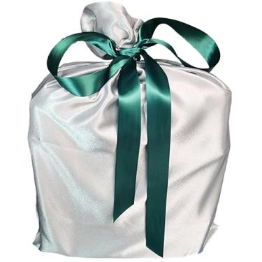 Imagem de Caylee's Creations Saco de presente de cetim reutilizável com fita e etiquetas (prata com fita verde floresta - grande 70,5 cm x 50,8 cm)