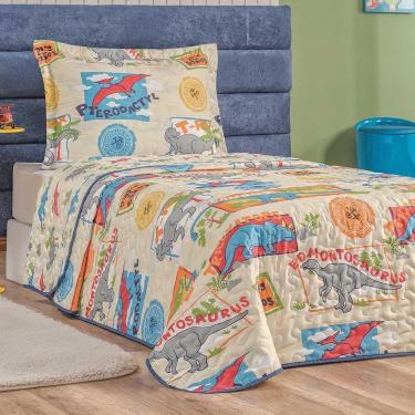 Imagem de Kit Colcha Dinossauro Solteiro Tecido Microfibra Dupla Face Quarto Infantil - Amarelo