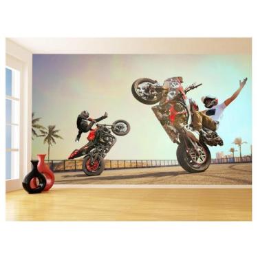 Imagem de Papel De Parede 3D Moto Grau Empinando Manobra 3,5M Bkm34 - Você Decor