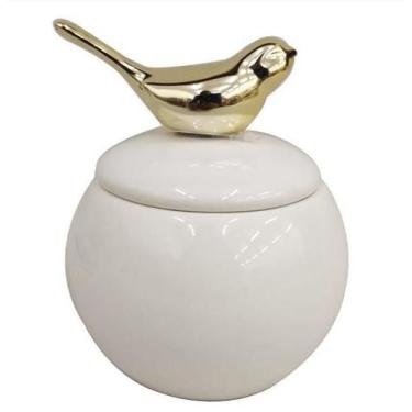 Imagem de Porta Joias Pássaro Cerâmica Branco/Dourado12 cm - Zona Livre