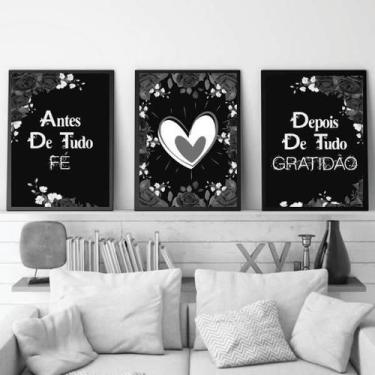 Imagem de Kit 3 Quadros Decorativos Fé E Gratidão Cinza 34x23cm - Quadros On-Lin