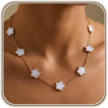 Imagem de Billet-doux Colar de trevo branco banhado a ouro 18K para mulheres - Colar de trevo de folha, joias modernas ajustáveis para presentes