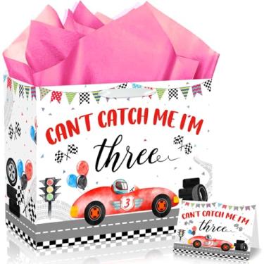Imagem de JORHANCE Sacos de presente de aniversário de carro de corrida - Saco de presente grande com papel de seda e cartão para Can't Catch Me I'm 3 artigos de decoração de festa de aniversário para meninos