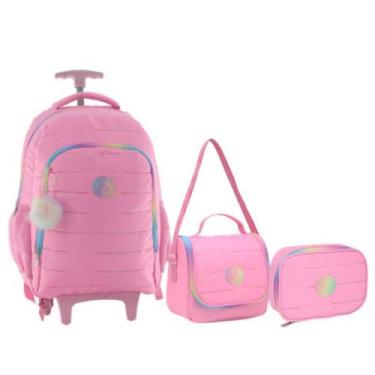 Imagem de Kit Mochila 18 Escolar Juvenil Estampa Liso Com 2 Rodas Feminino Com L
