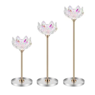 Imagem de 3 peças de castiçais de cristal, castiçais de flor de lótus com base espelhada, suporte de metal, centros de mesa elegantes para decoração de casa, casamento, festa (vela cônica)