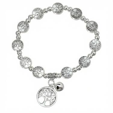 Imagem de lulucross Pulseira elástica Tree of Life com contas prateadas, cordão elástico, 6 cm de diâmetro, 12 g, joia espiritual para mulheres, presente simbólico
