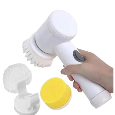 Imagem de Escova Giratória Multiuso Recarregável, Branca, USB, 20cm x 8,5cm x 6cm, com 3 Cabeçotes, Kit Limpeza Doméstica, Portátil